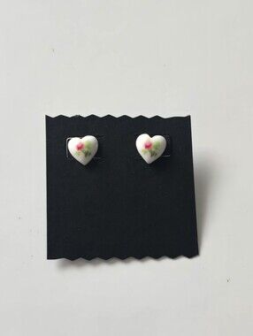 White Heart Porcelain Stud Earrings with Pink Rose Detail